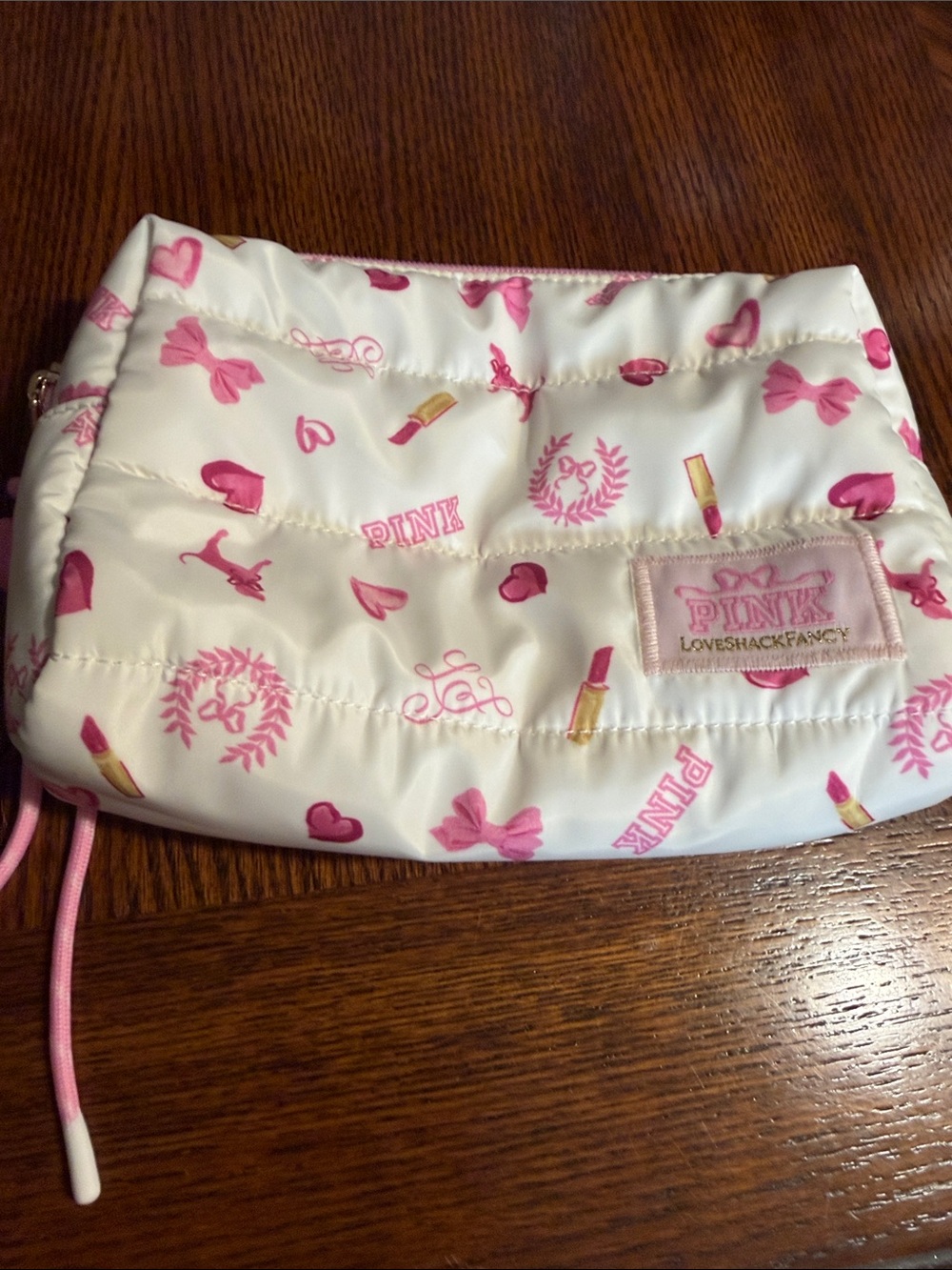 PINK Victoria's Secret White Quilted Cosmetic Pouch with Pink Print